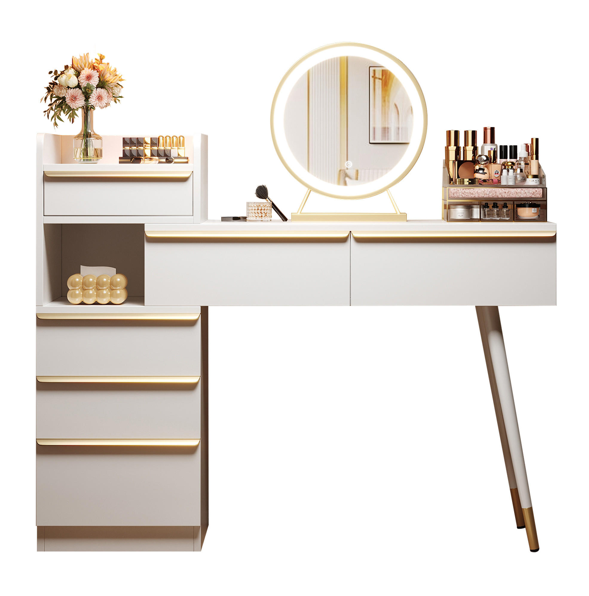 SCHMINKTISCH 100/41,5/102 cm in Weiß mit LED-Spiegel und 6 Schubladen - Weiß, Holzwerkstoff (41.5/102/100cm) - Flora Grace