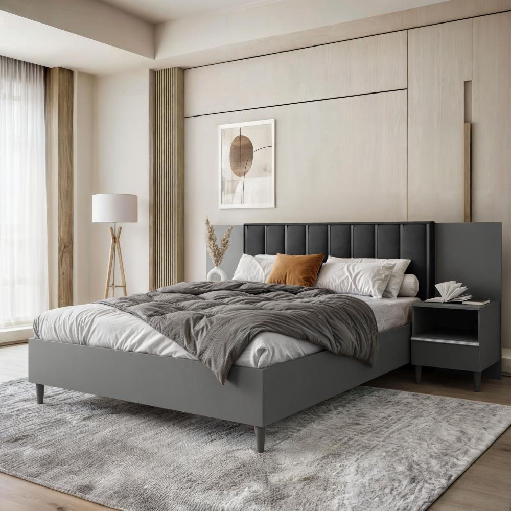 POLSTERBETT Stella 166/211/108 mit 2 Nachttischen schwarz - Schwarz/Grau, Holzwerkstoff/Textil (160/200cm) - Beautysofa