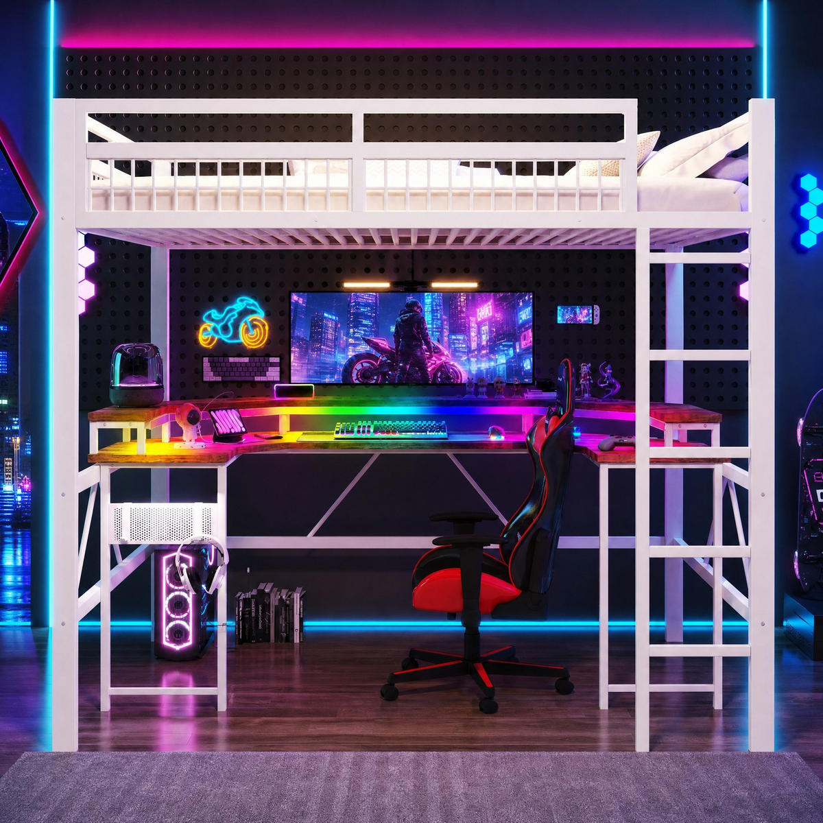 HOCHBETT 140/200 mit LED, Schreibtisch und USB/Type-C in Weiß - Weiß, Holzwerkstoff/Metall (140/200cm) - EVRYAE
