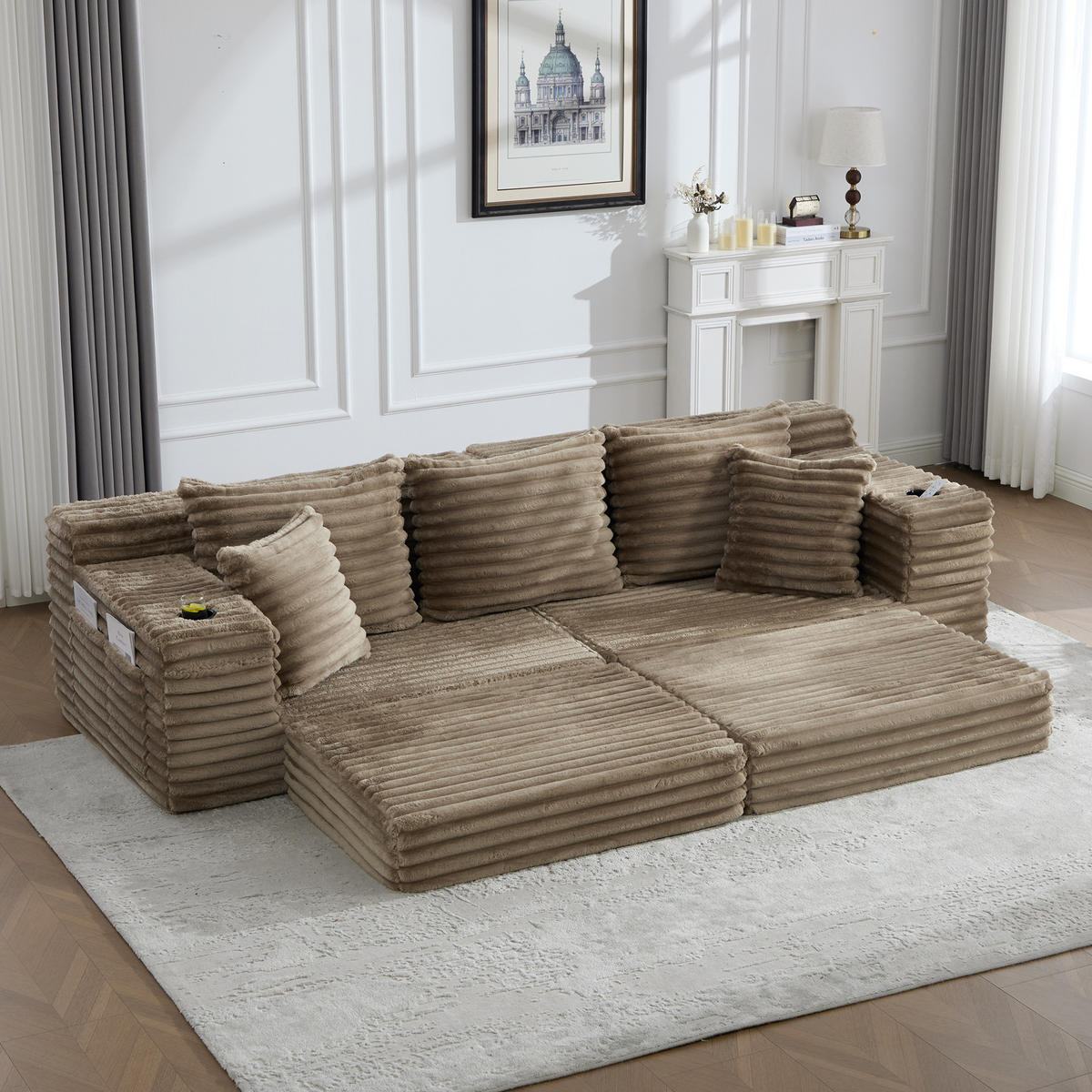 SCHLAFSOFA 273/98/87 cm Khaki mit beidseitigen Taschen und Getränkehaltern - Sandfarben, Textil (107.48/34.25/38.58cm) - Oxeza