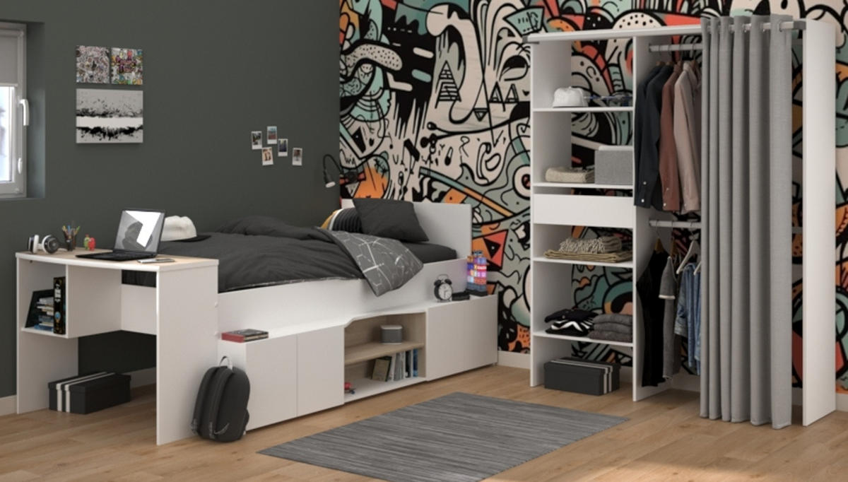 KINDERZIMMER weiß, Eiche 2-teilig, Jugendzimmer-Set mit Stauraumbett und Kleiderschrank - Eichefarben/Weiß, Holzwerkstoff/Metall (241/182/116cm) - Parisot Meuble