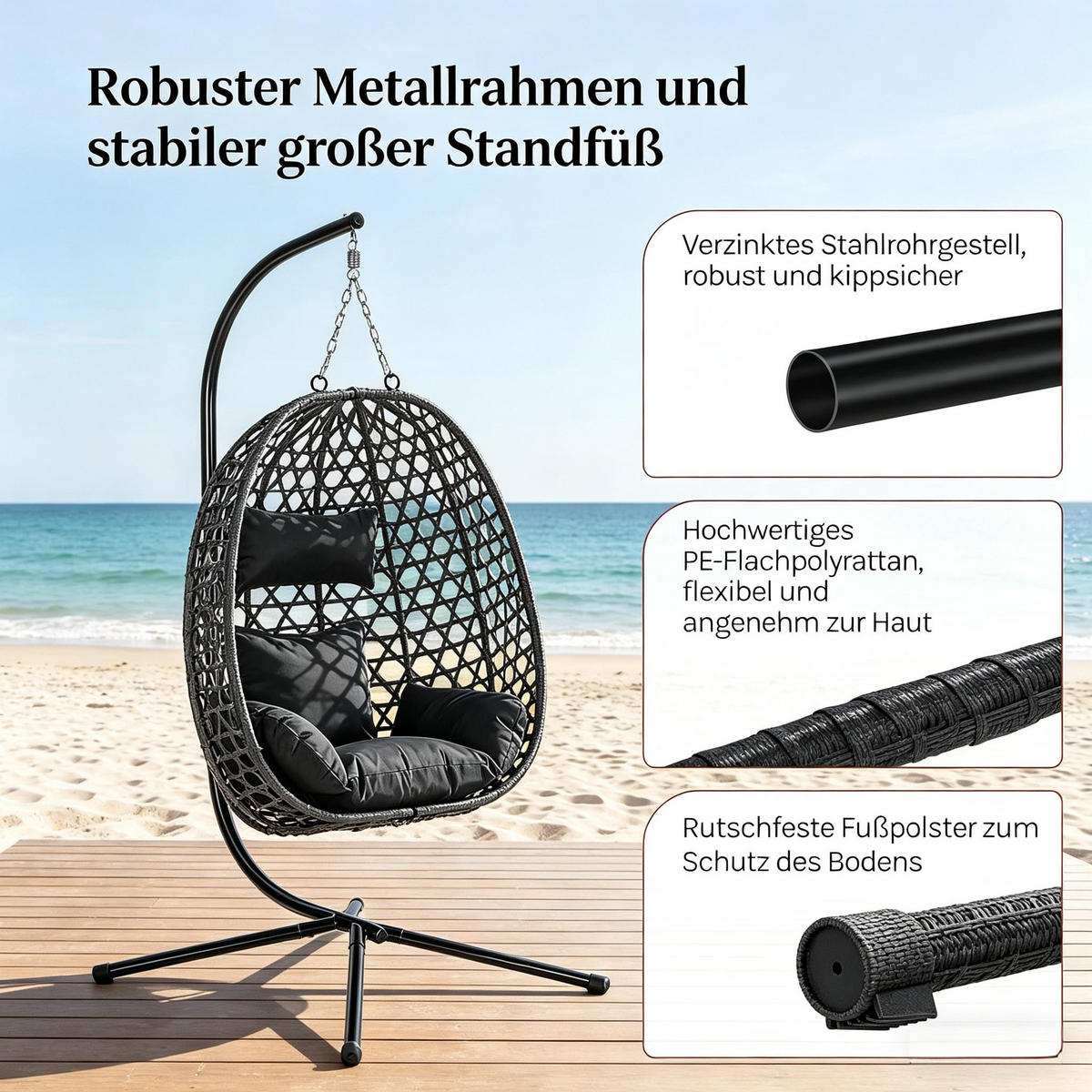 HÄNGESESSEL PE-Rattan höhenverstellbar, DE-42142, Anthrazit - Anthrazit, Metall (105/195/105cm) - ComfortXL