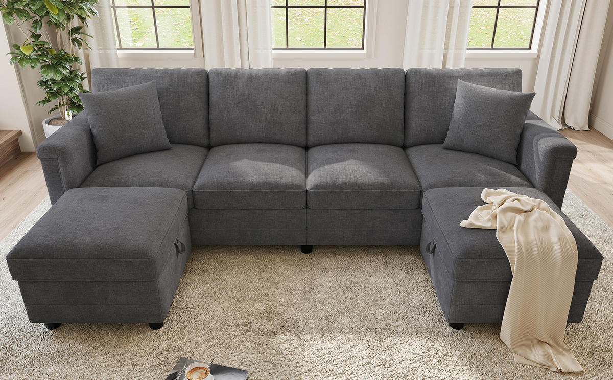 WOHNLANDSCHAFT Modular umwandelbar L-/U-Form mit 2 Stauraumhockern, DE-42506, Grau - Grau, Metall (261/82/134cm) - ComfortXL