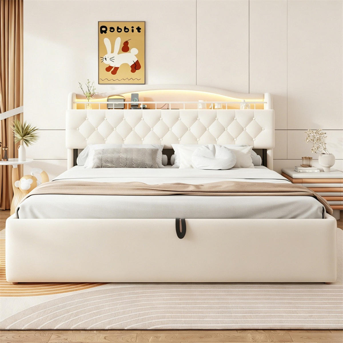 POLSTERBETT 180x200 cm mit hydraulischem Stauraum - LED Beleuchtung & Ladestation - Beige - Ohne Matratze - Beige, Textil (180/200cm) - DELFA