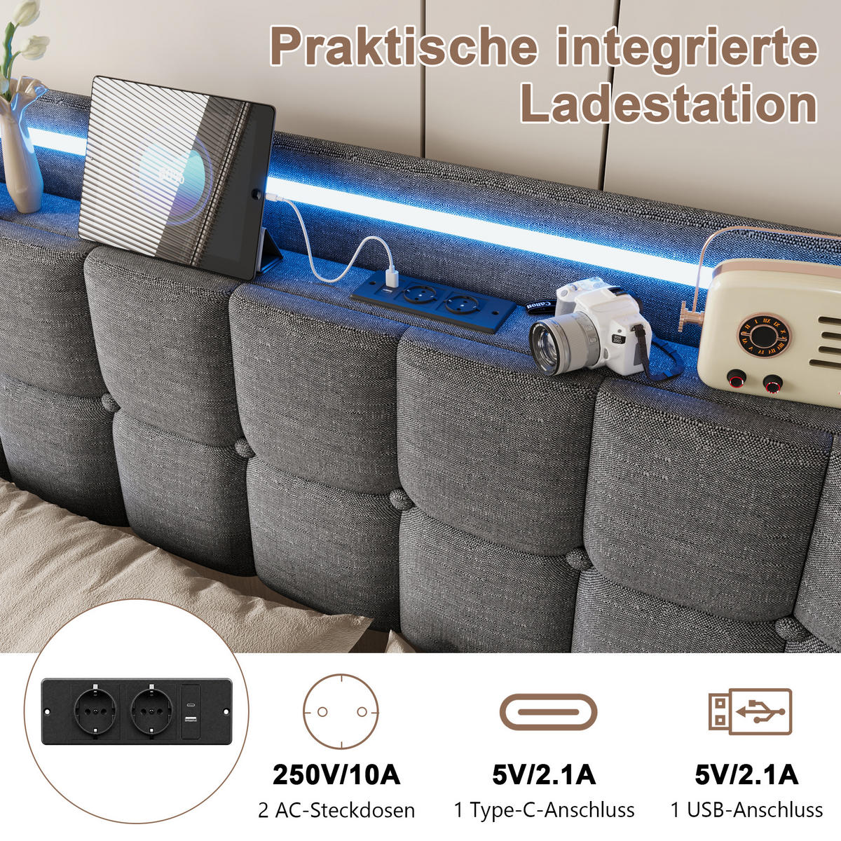 POLSTERBETT 160/200 cm mit Ladestation und 4 Schubladen, Doppelbett Grau,ohne Matratze - Naturfarben/Grau, Holz/Textil (160/200cm) - PARAFTA HOME