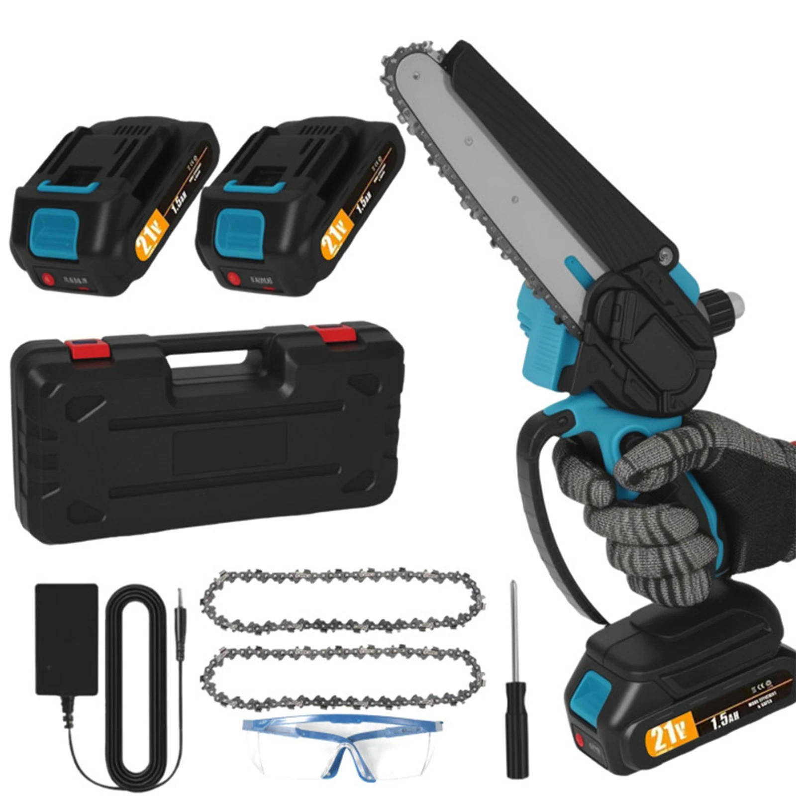 KETTENSÄGE 21V 6 Zoll kabellose elektrische, Mit 2 Batterien - Blau, Metall (13/7/46cm) - Coonoor