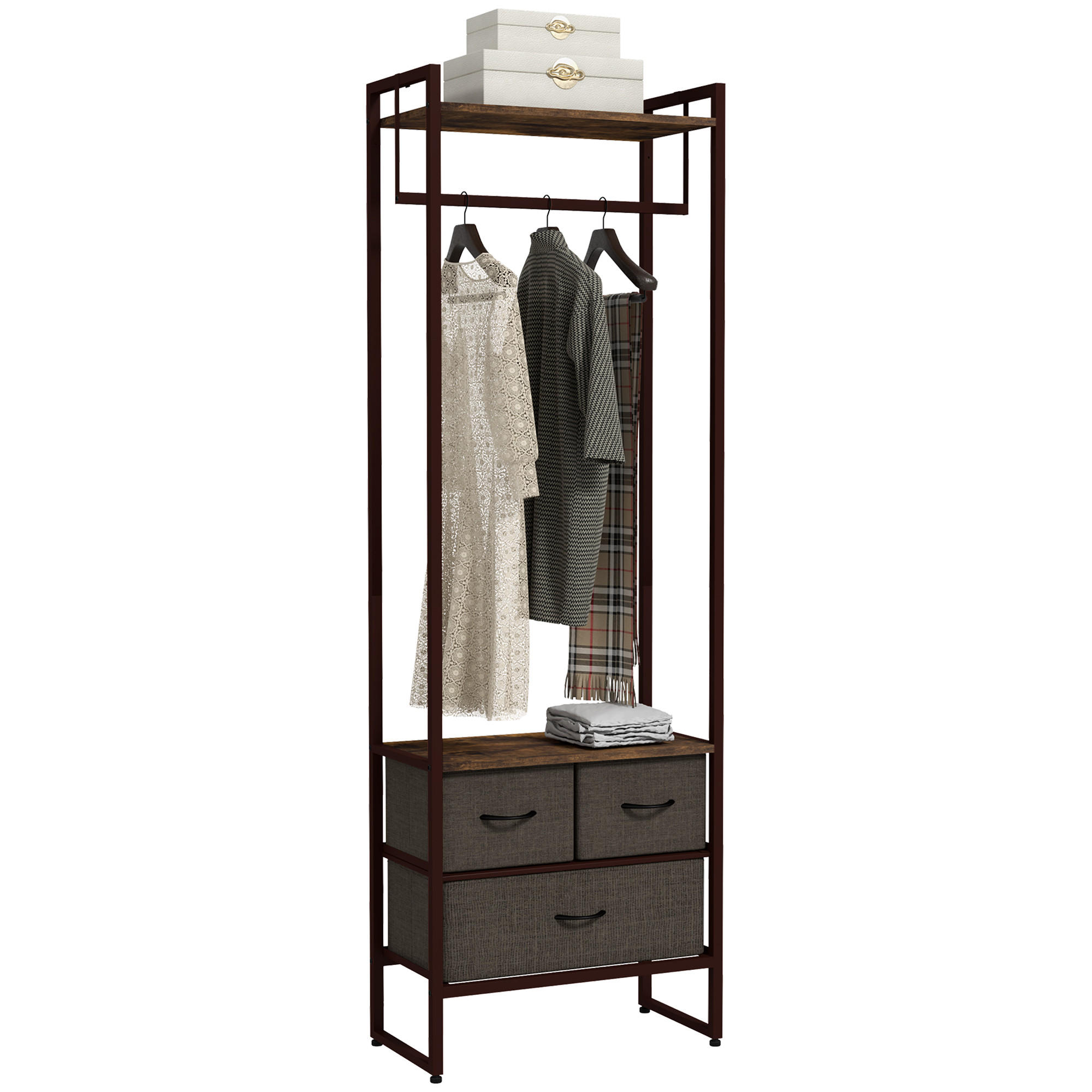KLEIDERSTÄNDER DE-17890 mit 3 Stoffschubladen & Kleiderstange Braun - Braun, Metall (58.5/178/30cm) - ComfortXL