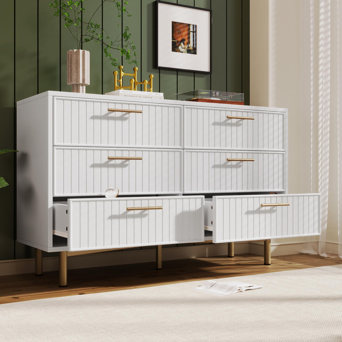 KOMMODE 120/40/75 cm in Weiß mit 6 Schubladen und geriffelten Fronten - Weiß, Holzwerkstoff (120/40/75cm) - Flora Grace