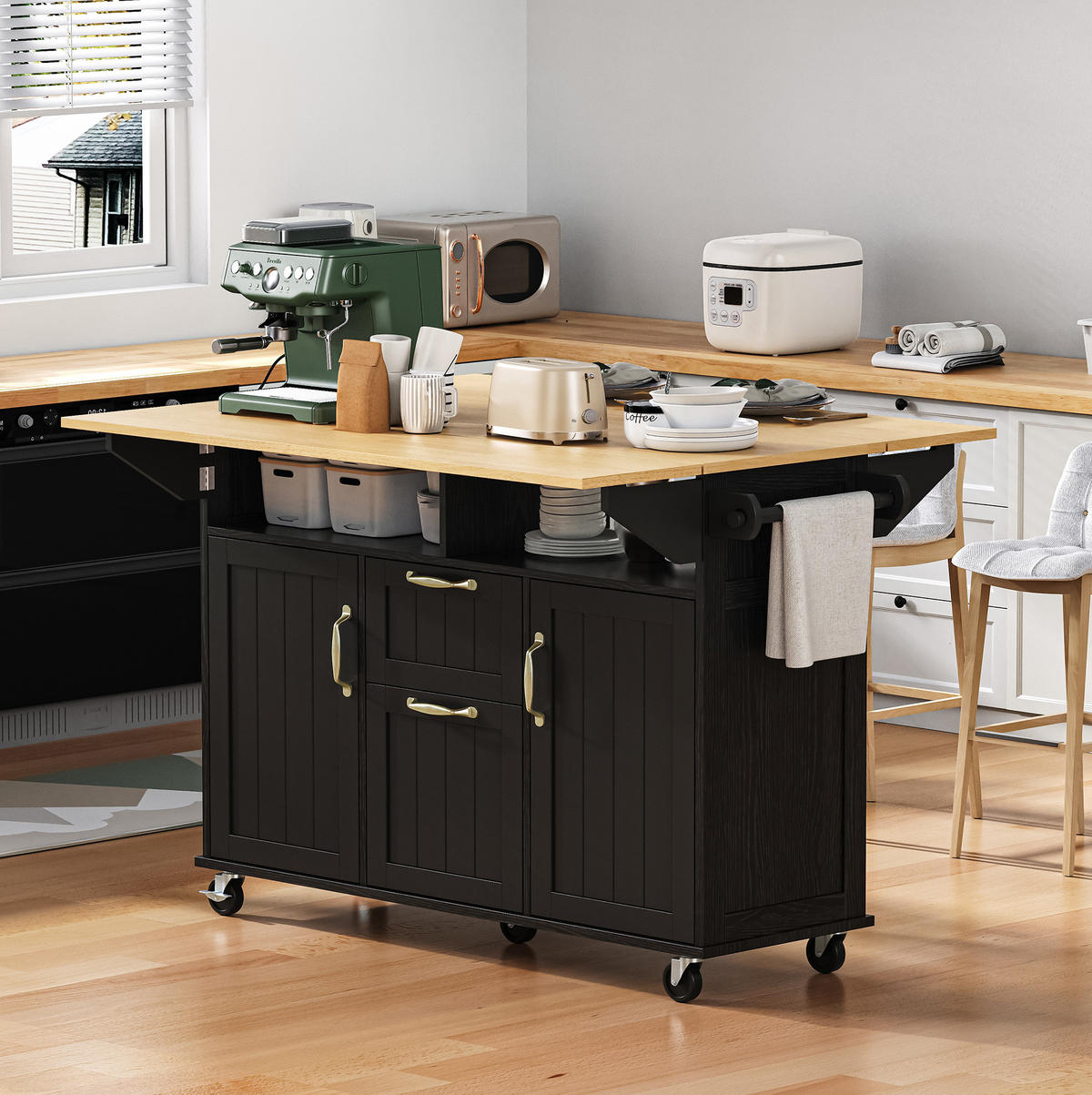 KÜCHENINSEL 120/92/40-60-80 cm Schwarz/Natur aus MDF mit Klapptisch - Schwarz, Holzwerkstoff (80/92/120cm) - OKMYHOME