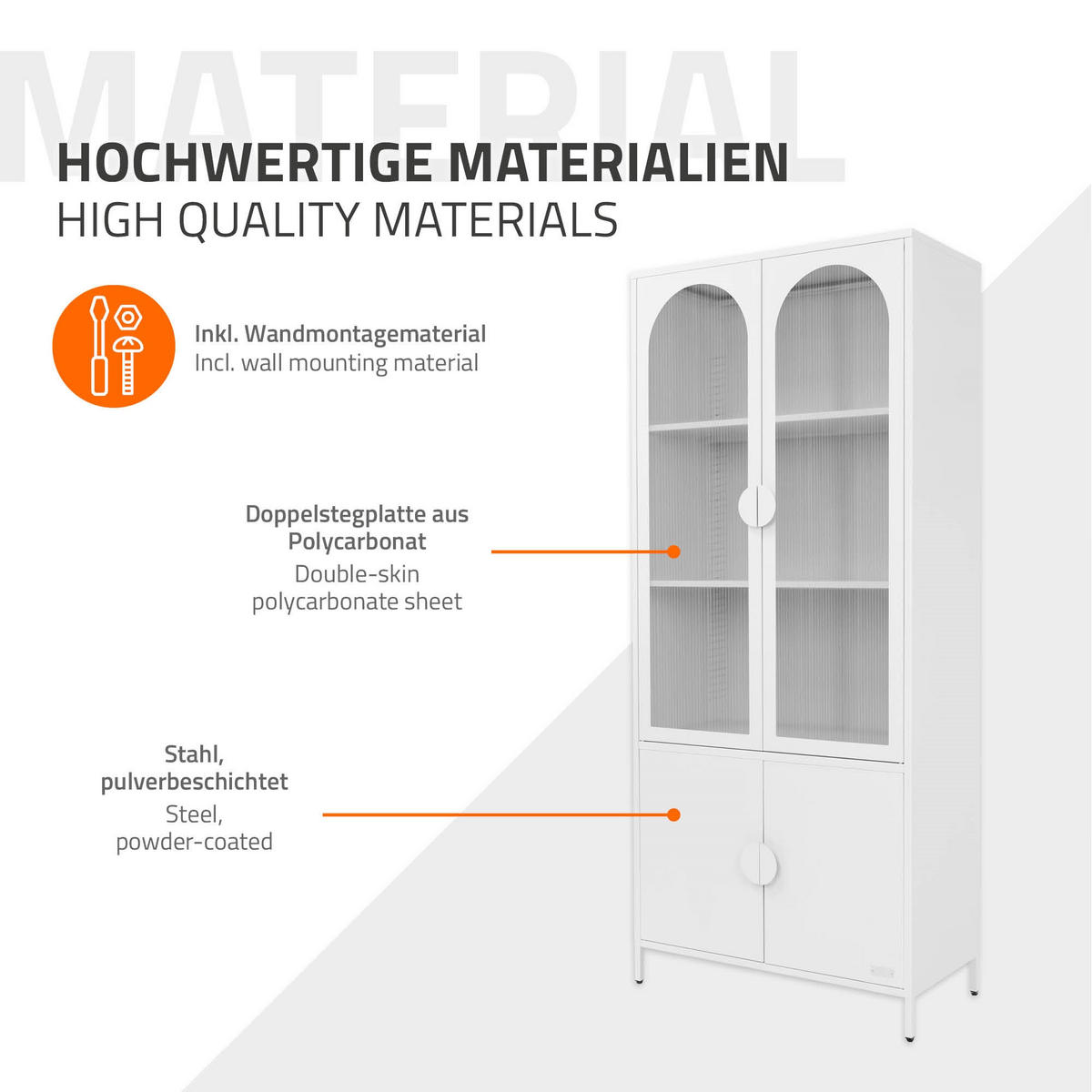 VITRINENSCHRANK 80x185x40 cm Weiß aus Stahl mit 4 Türen - Weiß, Metall (80/185/40cm) - ML-DESIGN