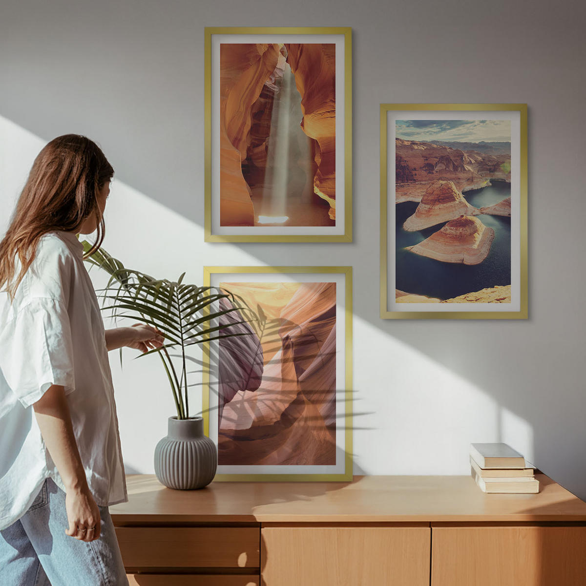 WANDBILDER 3er Set - 40x60 cm Goldrahmen - Wasserfall in der Schlucht - Goldfarben, Kunststoff (40/60cm) - ArtPrintCave