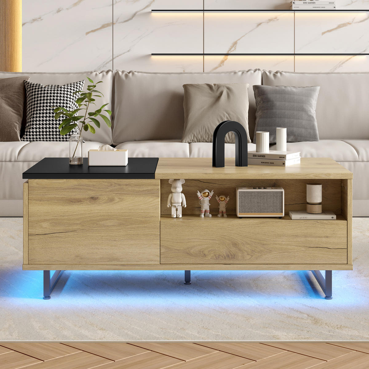 COUCHTISCH aus Holzwerkstoff 103,5x50x27,5 cm Naturfarben/Schwarz mit Lift-Top, LED-Bodenlicht und Stauraum - Naturfarben, Holzwerkstoff (103.5/50/27.5cm) - Modfu