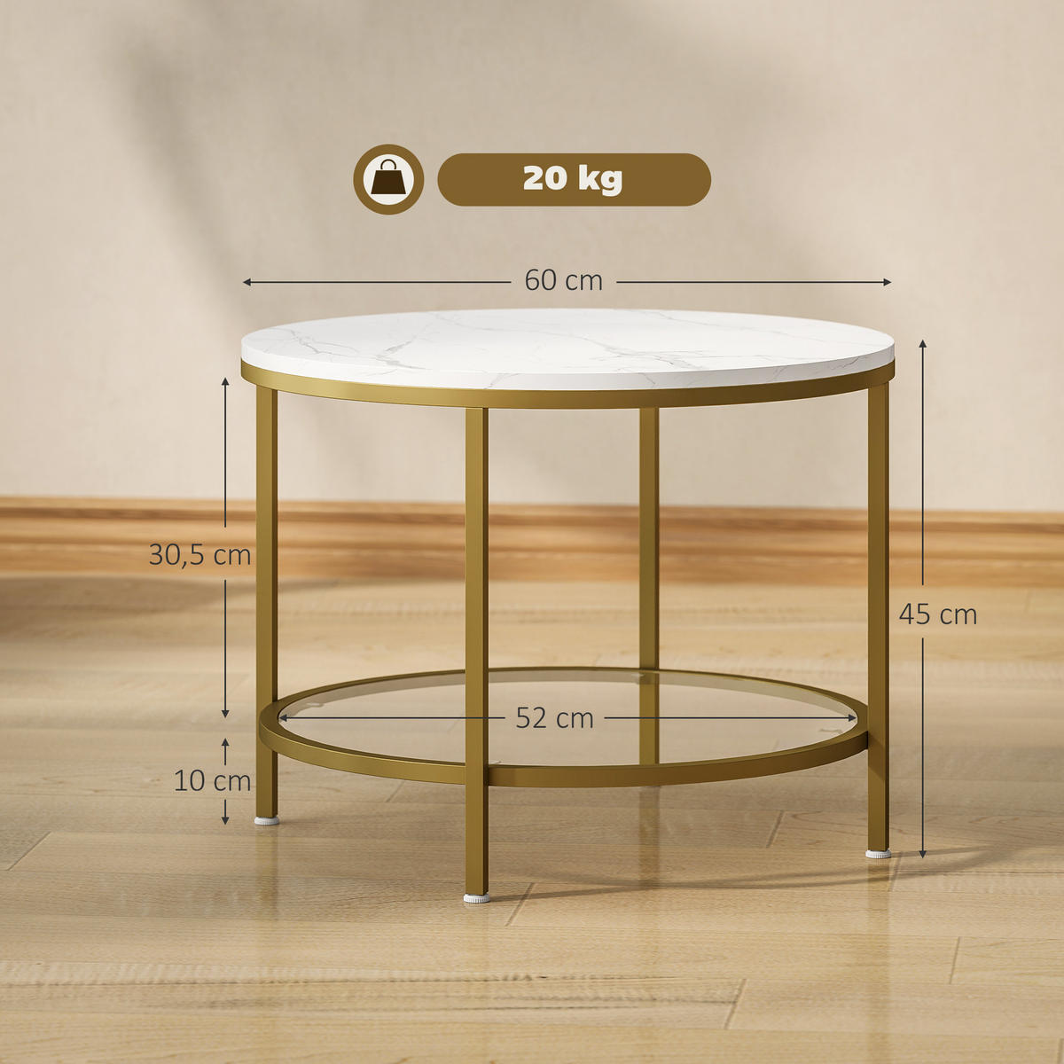 COUCHTISCH DE-15785 mit Marmoroptik & Glasablage Weiß - Weiß, Holzwerkstoff (60/60/45cm) - ComfortXL