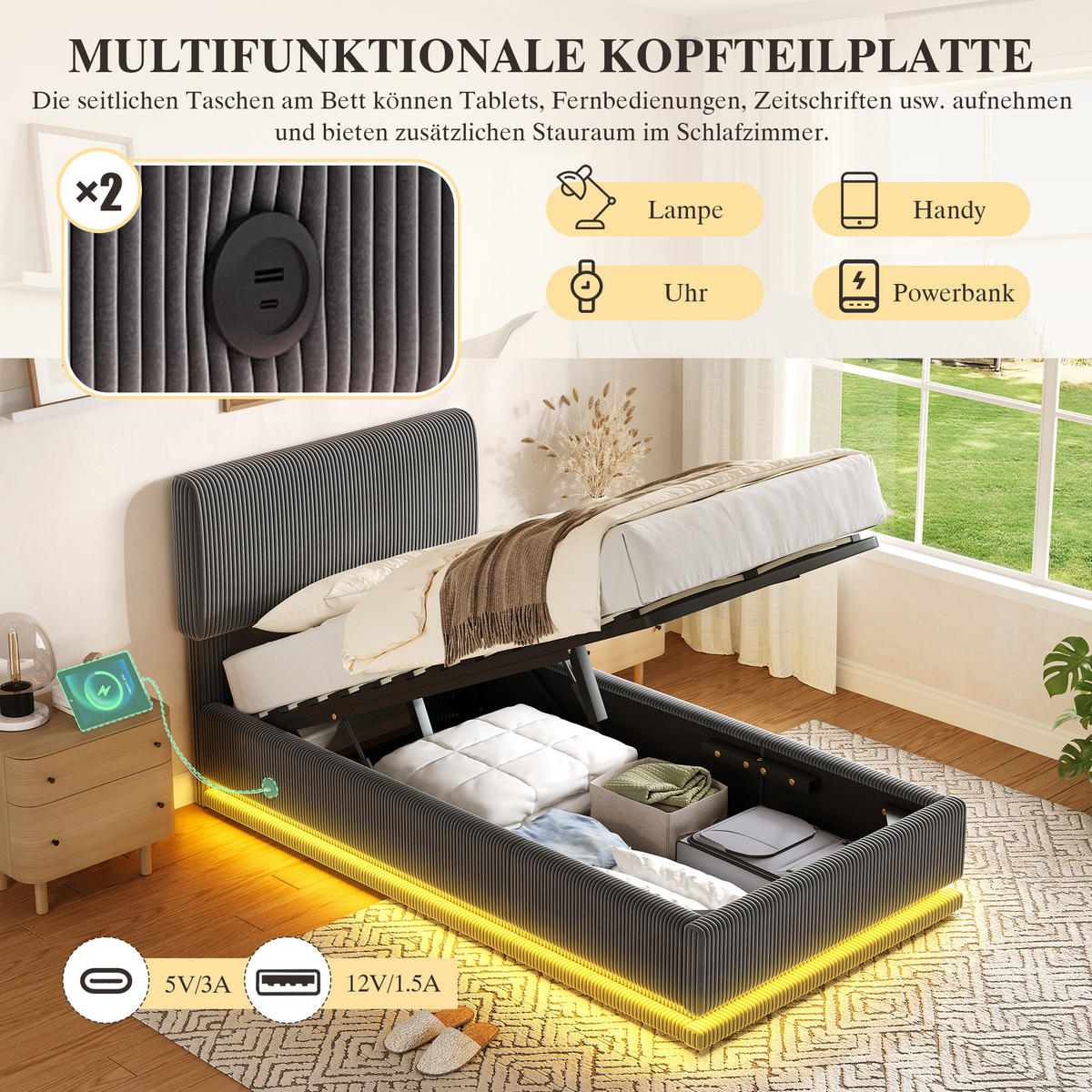 POLSTERBETT 90x200 cm LED USB Stauraum grau - Dunkelgrau, Textil (90/200cm) - LEBENLANG