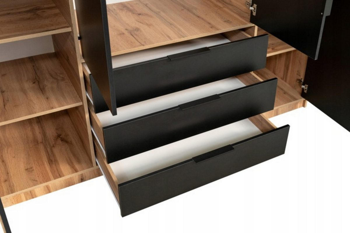 DREHTÜRENSCHRANK LABOO LUX 196/200/58 cm in Eiche Wotan / Schwarz mit Lamellen - Eiche Wotan/Schwarz, Holzwerkstoff (196/200/58cm) - Deine Möbel 24