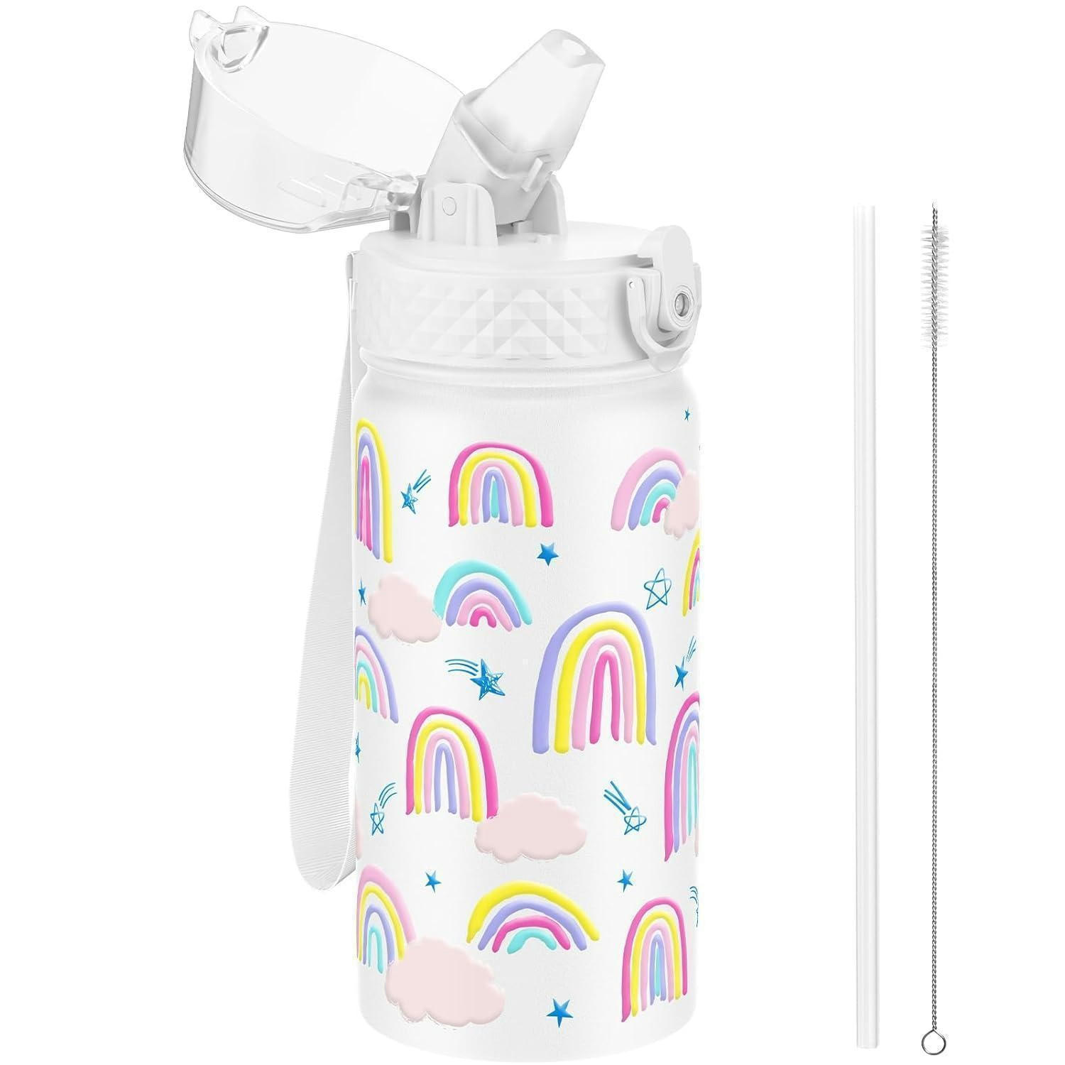 TRINKFLASCHE Kinder 420 ml Edelstahl mit Strohhalm und auslaufsicherem Deckel Weißer Regenbogen - Multicolor, Metall (7.5/7.5cm)
