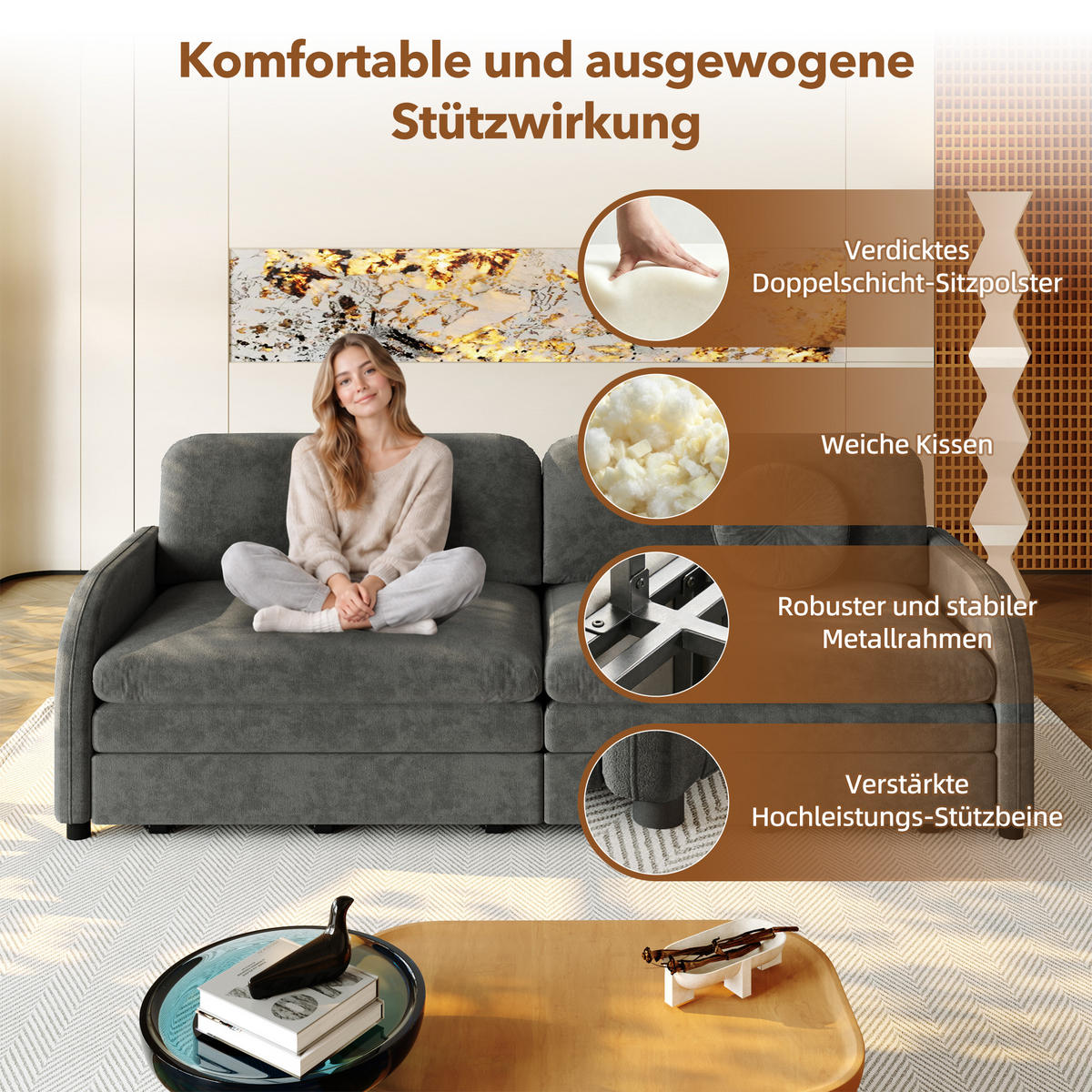 SCHLAFSOFA 3-in-1 ausziehbar 206 cm mit Stautaschen, DE-42862, Grau - Grau, Metall (205/89/84cm) - ComfortXL