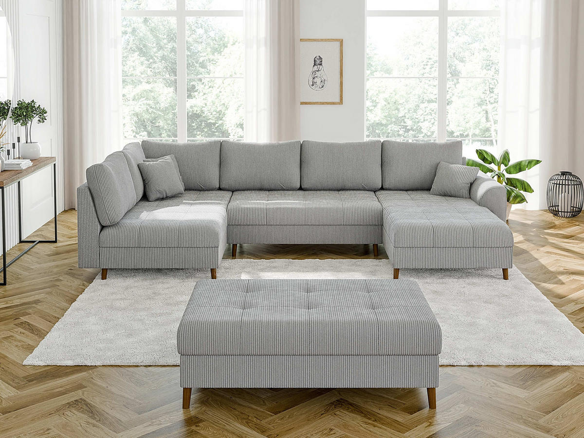 WOHNLANDSCHAFT inkl. Hocker Alma Hellgrau Cord - Hellgrau/Braun, Holz/Textil (310/81/161cm) - S-Style Möbel