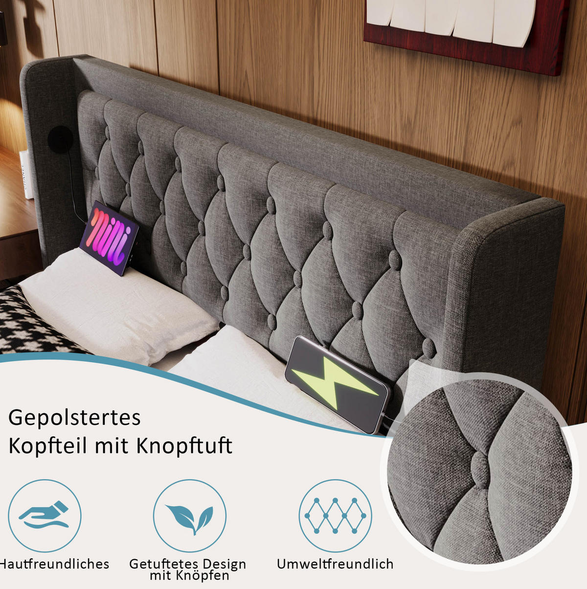 POLSTERBETT 160/200 cm Grau aus Baumwolle mit Bettkasten, LED und USB-C - Grau, Textil (160/200cm) - OKMYHOME