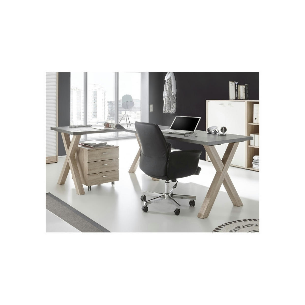 BÜROMÖBEL Mister Office in Eiche Sägerau und Weiß 5 teilig - Braun, Holzwerkstoff (120/80/200cm)