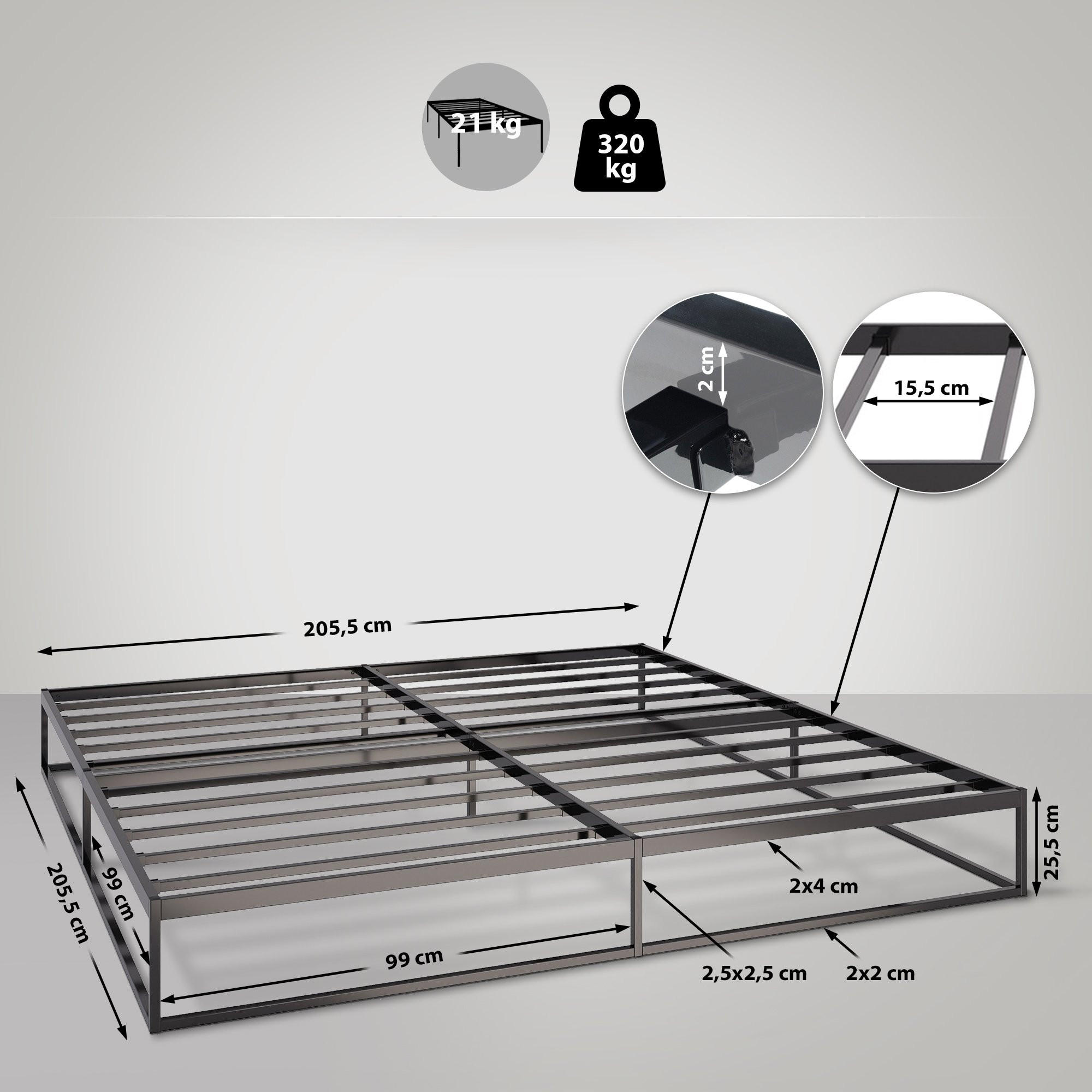 METALLBETT 205.5/205.5/25.5 cm Metall Schwarz - Schwarz, Metall (205.5/205.5cm) - CLP