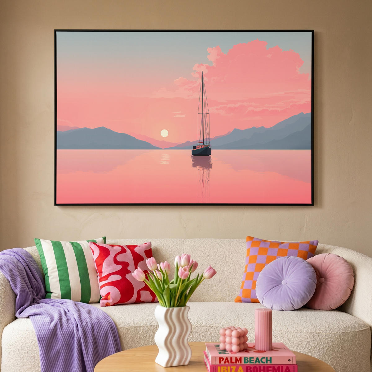 LEINWAND Bilder mit Rahmen - Segelboot - Rosa Meer - Sonnenuntergang - Berge - 150x100 - Rosa, Textil (150/100cm) - MuchoWow
