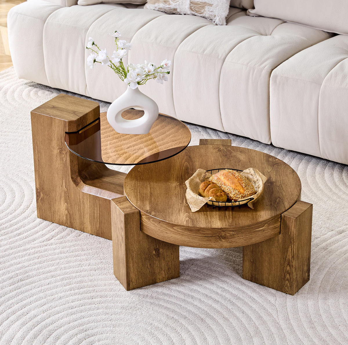 COUCHTISCH 2er-Set trennbar rund Ø 61 cm MDF Holzoptik Glas Braun - Braun, Glas (61/61/30cm) - Meubliv