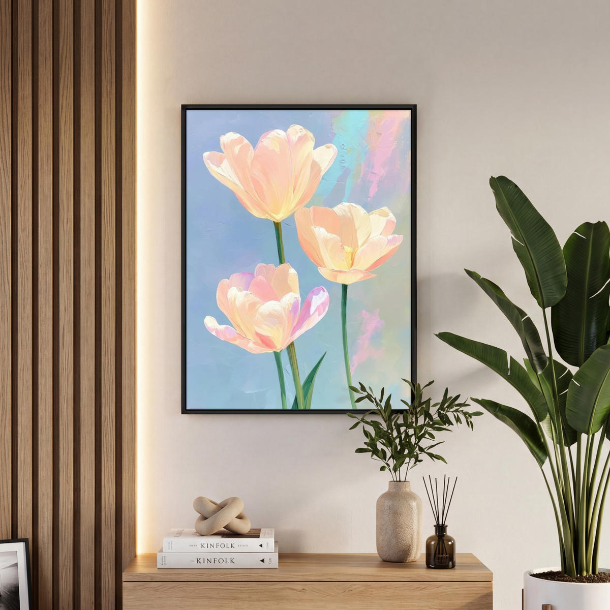 LEINWAND Bilder mit Rahmen - Tulpen - Rosa Akzente - Blau - 60x80 - Pastellblau, Textil (60/80cm) - MuchoWow