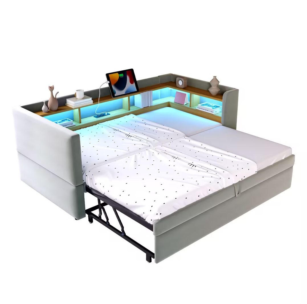 OKWISH ROZKLÁDACÍ čalouněná pohovka 90/180x190 cm světle šedá z flanelu s LED a zásuvkami