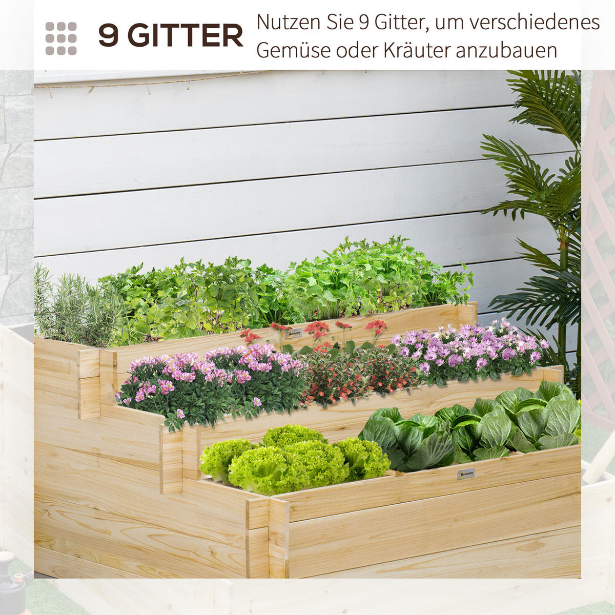 HOCHBEET, 3-stufige Blumenkasten, für Garten, Balkon, Tannenholz, Natur - Fichtefarben, Holz (100/54/117cm) - Outsunny
