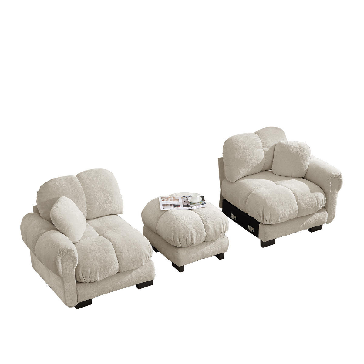 SOFA Modulares Ecksofa mit Ottomane Chenille Hell Khaki - Hellbraun, Holz (149/190cm) - Meubliv