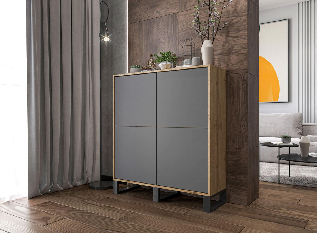 KOMMODE Apollo 4D Eiche wotan Graphit Matt mit metallbeinen 113 cm - Graphitfarben/Schwarz, Holzwerkstoff/Metall (113/127/35cm) - Meble Lindner