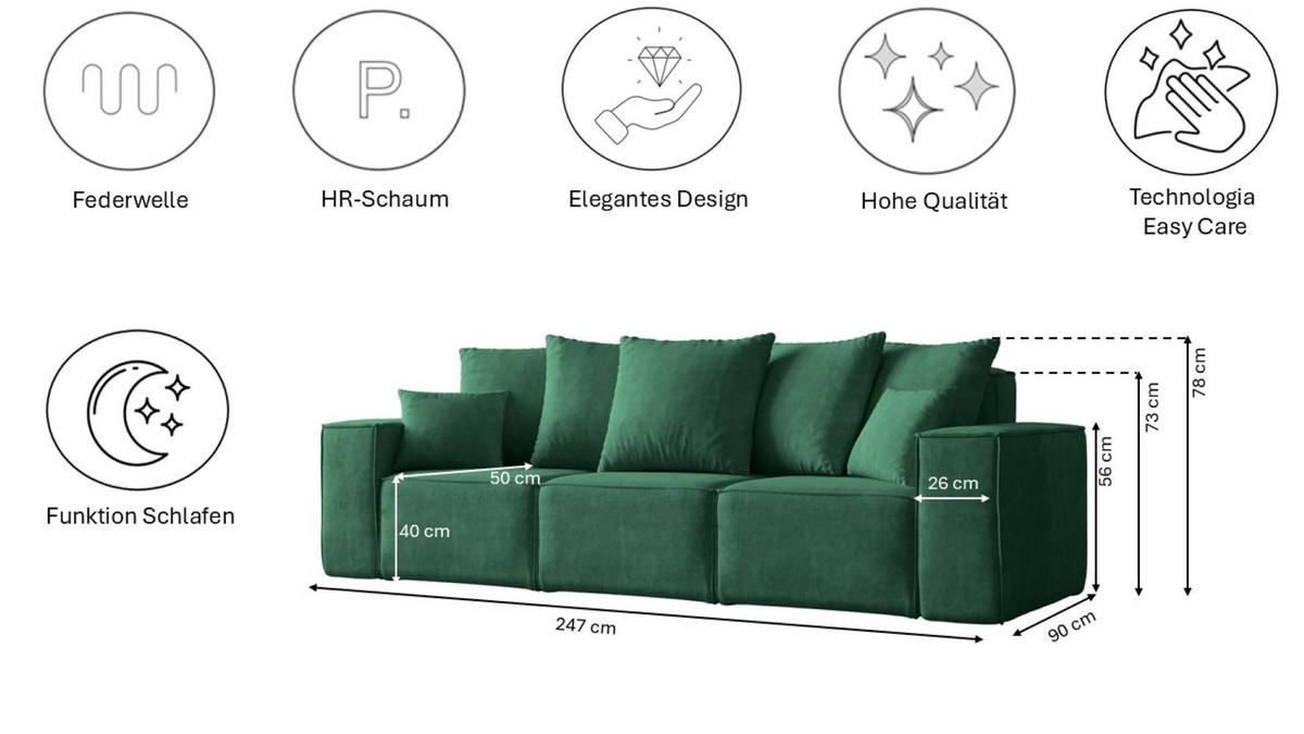 SOFA Sitzer ELLA Modern Mit Schlaffunktion Stoff Noel Grün - Grün, Holz/Textil (247/78/90cm) - Kaiser Möbel
