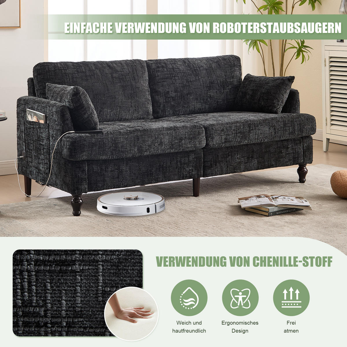 2-SITZER Sofa Chenille mit USB-Anschluss und LED-Beleuchtung 175/83/78 cm Schwarz - Schwarz, Textil (175/78/83cm) - Redom