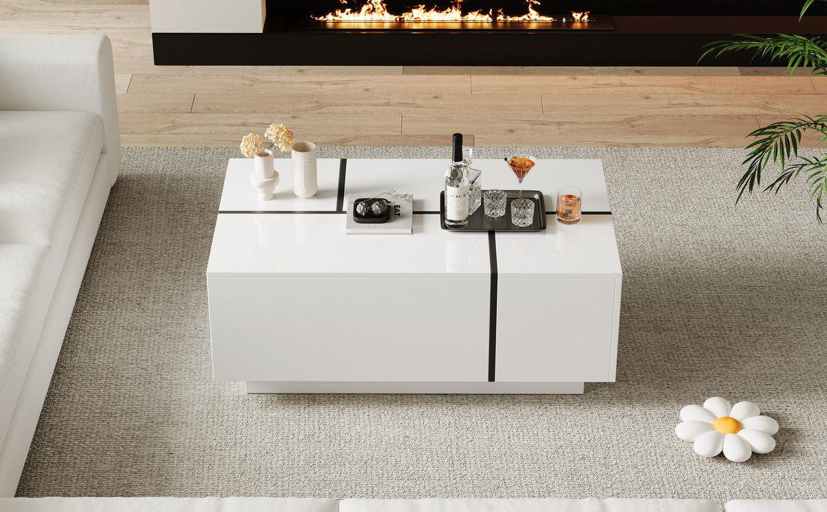 COUCHTISCH 100/60/40 cm Weiß Schwarz aus Holzwerkstoff mit 4 Schubladen und Hochglanzplatte - Schwarz, Holzwerkstoff (100/60/40cm) - OKWISH