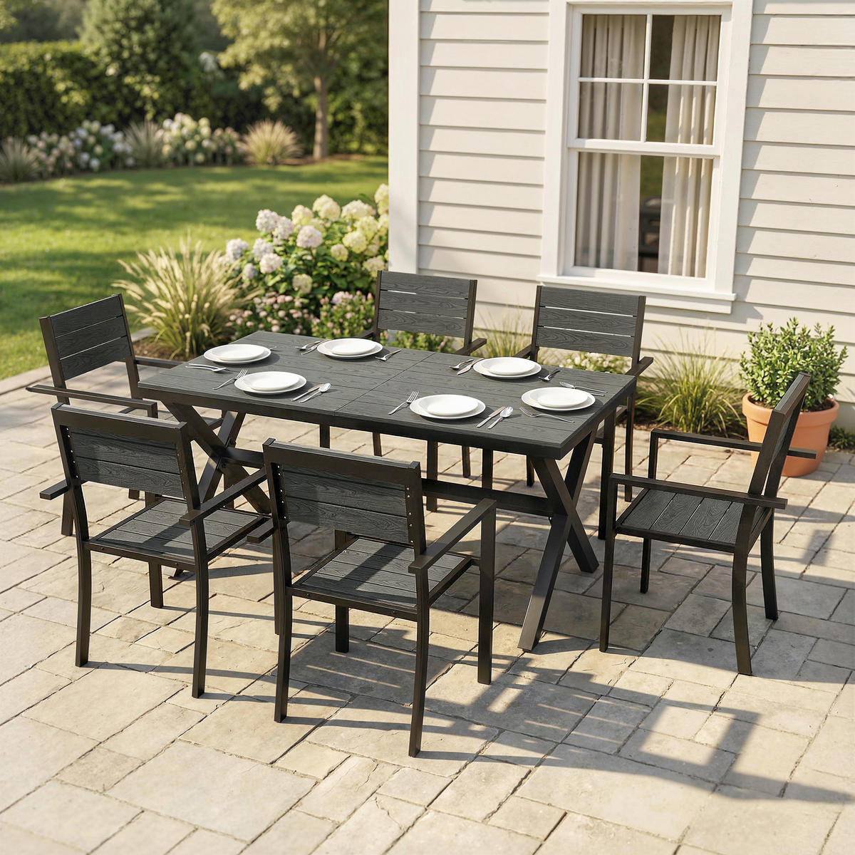 GARTENMÖBEL-SET 7-teilig,Holzoptik Latten-Tisch+6 stapelbare Stühle Alu-Rahmen,grau - Grau, Metall - Vallsero