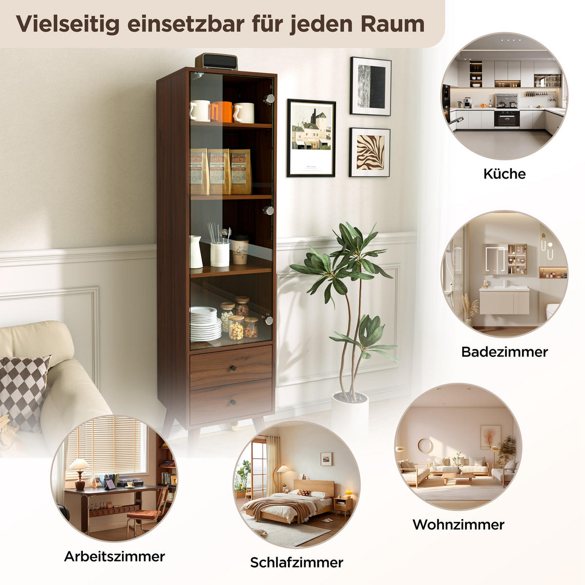 VITRINE in Walnussfarben mit Glastür und 2 Schubladen für Wohnzimmer, B39,8/T35/H160 cm - Transparent/Walnussfarben, Glas/Holzwerkstoff (39.8/160/35cm) - STILVORA