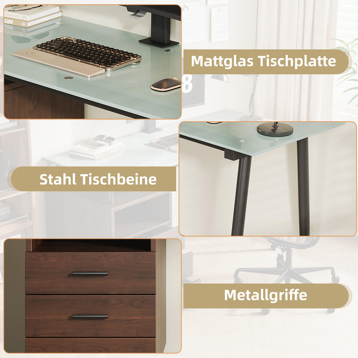 SCHREIBTISCH Braun 130/50/75 cm mit Glasplatte 3 Schubladen und offenem Fach - Braun, Metall (50/130/75cm) - PANGIVO