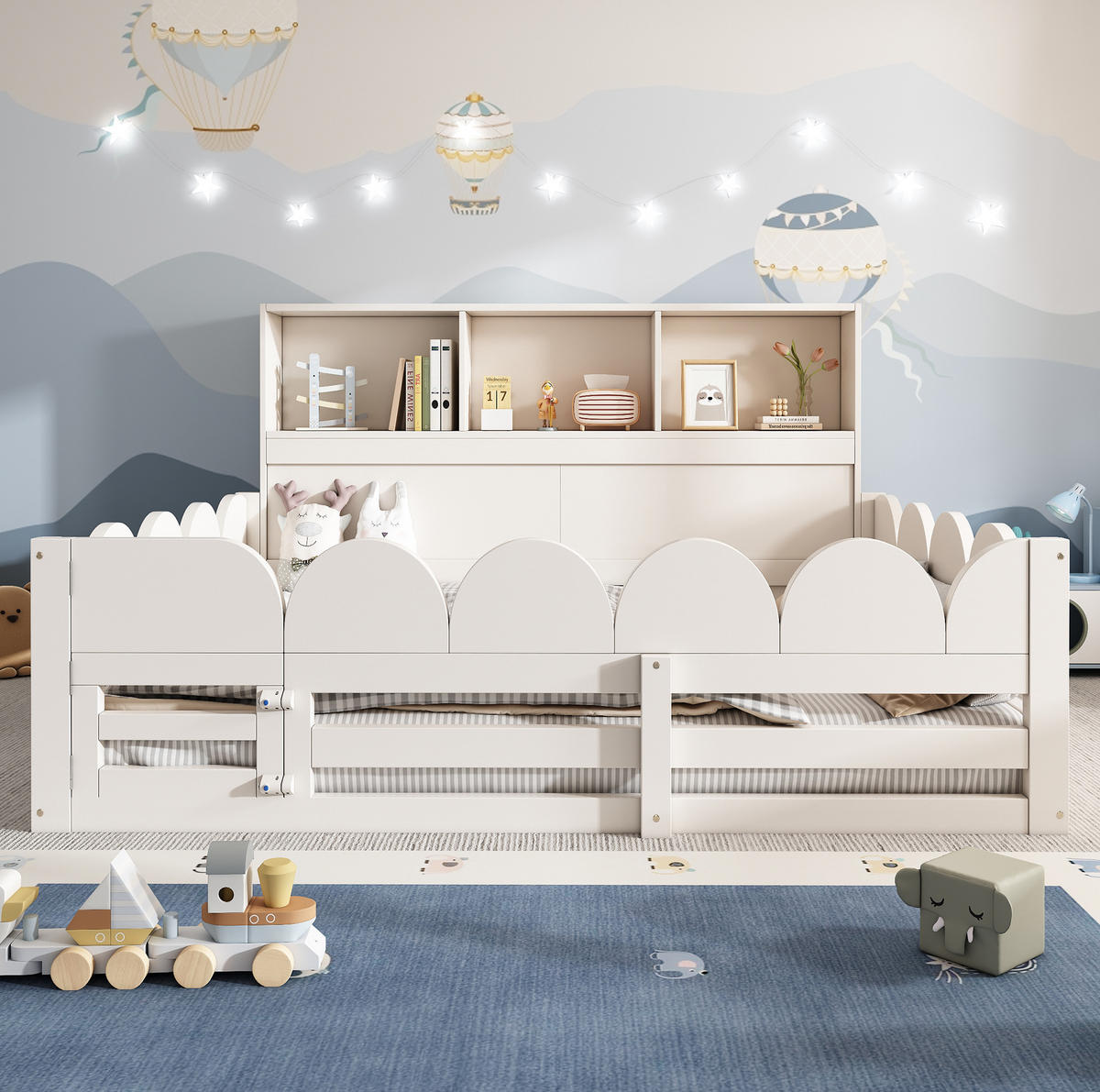 KINDERBODENBETT 140x190 cm in Weiß mit Rausfallschutz, Tür und Regal - Weiß, Holz (140/190cm) - IVMEU