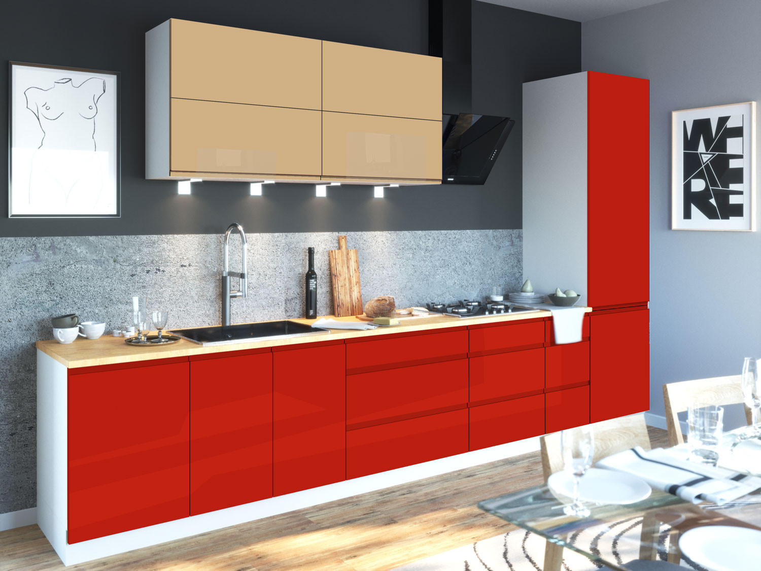 KÜCHENZEILE Florence 8-teilig Beige / Verkehrsrot 392 / 59 / 207 cm - Beige/Rot, Holzwerkstoff (392/207/59cm) - Feldmann-Wohnen