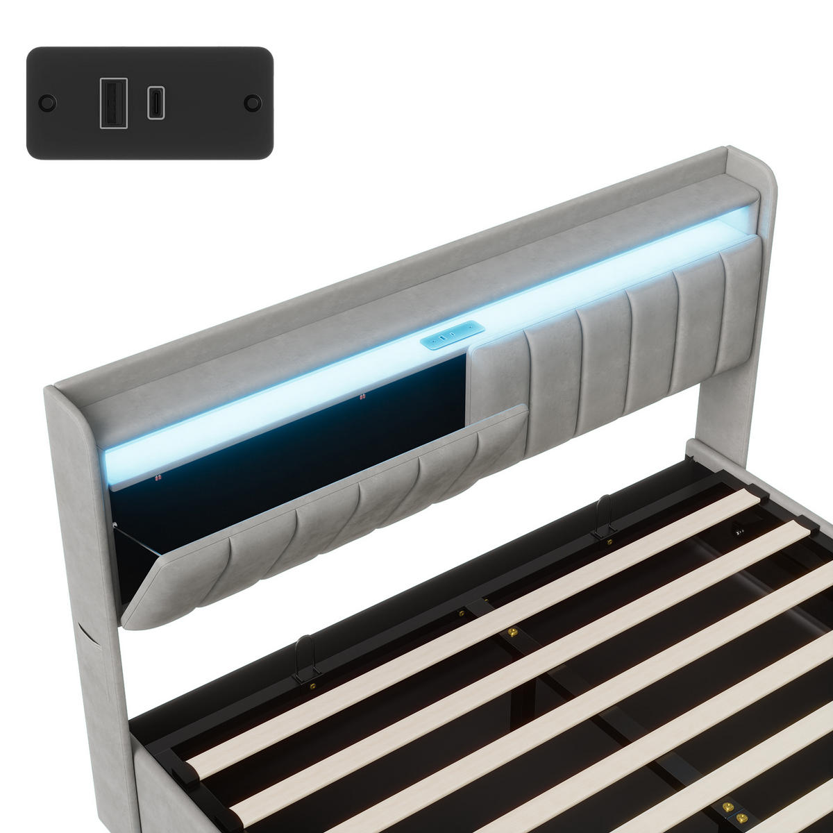POLSTERBETT Längssteppung 160/200 cm mit Bettkasten & App-LED Samtoptik Grau - Grau, Textil (160/200cm) - Creahappy