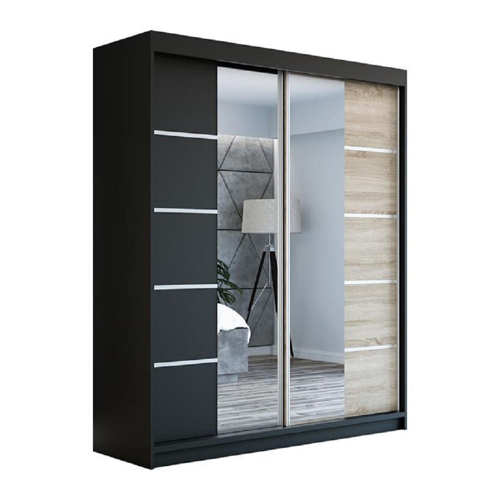 SCHWEBETÜRENSCHRANK 180 cm KOMFORT Farbe:Schwarz,sonoma - Schwarz/Braun, Holzwerkstoff (180/215/59.5cm) - A&J MöbelLand