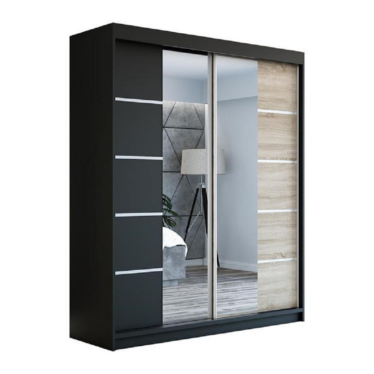 SCHWEBETÜRENSCHRANK 180 cm KOMFORT Farbe:Schwarz,sonoma - Schwarz/Braun, Holzwerkstoff (180/215/59.5cm) - A&J MöbelLand