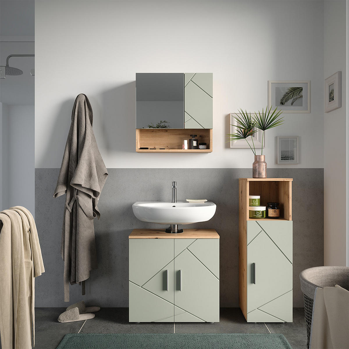 BADMÖBEL-SET Irma Salbeigrün 3 Teile - Salbeigrün, Holzwerkstoff (60/59/30cm) - Vicco