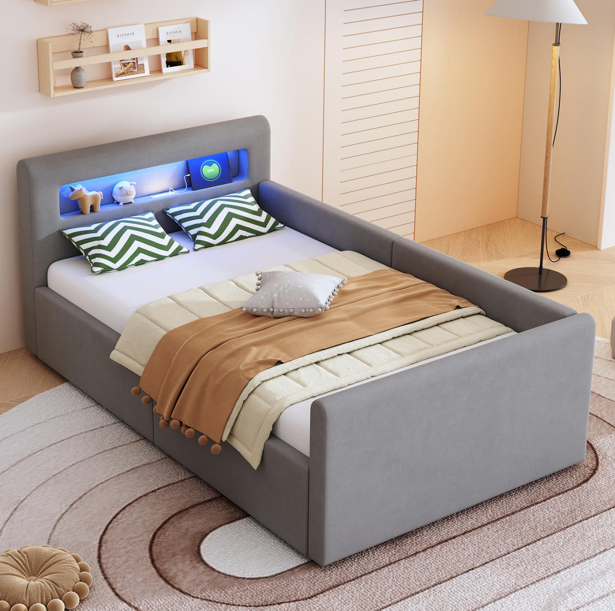 KINDEREINZELBETTEN aus Samtstoff 90 x 200 cm in Hellgrau mit LED, USB & Stauraum - Hellgrau, Textil (90/200cm) - Modfu