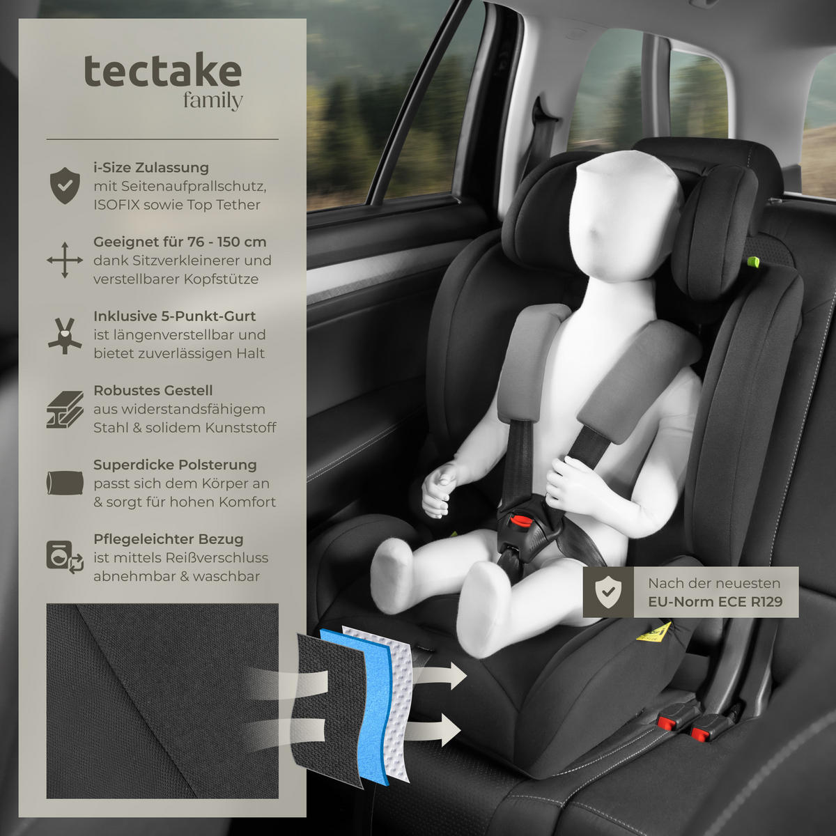 AUTOSITZ Emely,ab 15 Monaten von 76 bis 150 cm, Belastbarkeit 36 kg,dunkelgrau/schwarz - Dunkelgrau/Schwarz, Kunststoff (48/74/48cm) - tectake