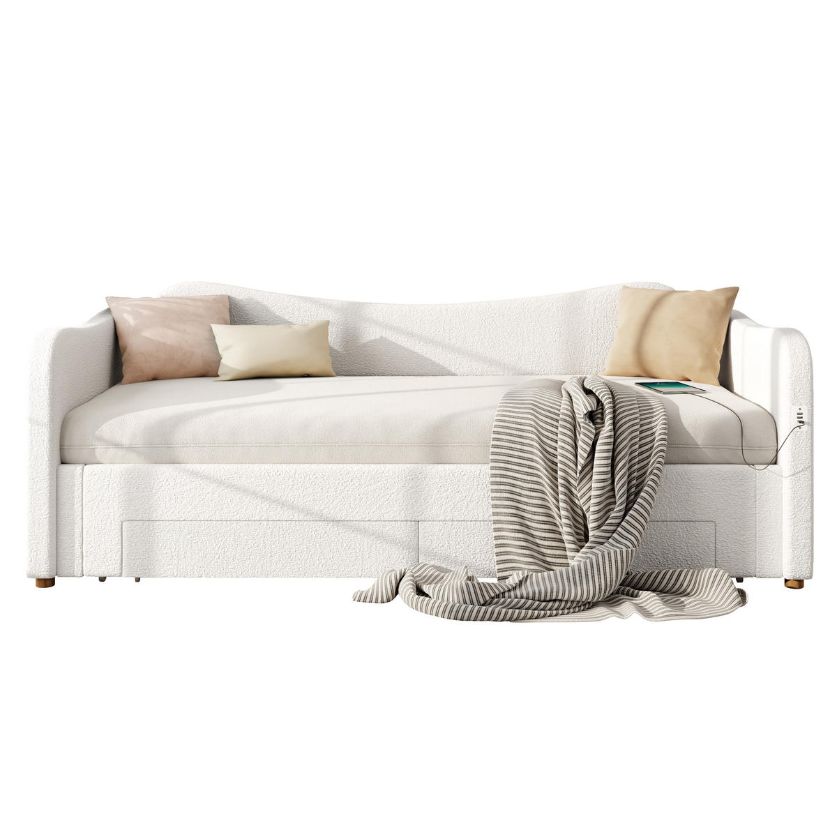 DAYBETT Beige Bouclé 90x200 ausziehbar 180 USB Schlafsofa - Beige, Leder (90/200cm) - FLIEKS