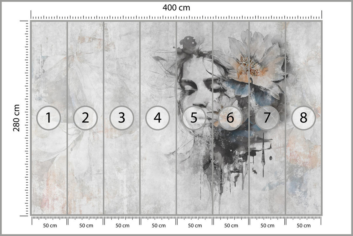 FOTOTAPETE für Wohnzimmer Gesicht Frau Grau Betonwand Blumen 400x280 - Grau, Papier (400/280cm) - Muralo