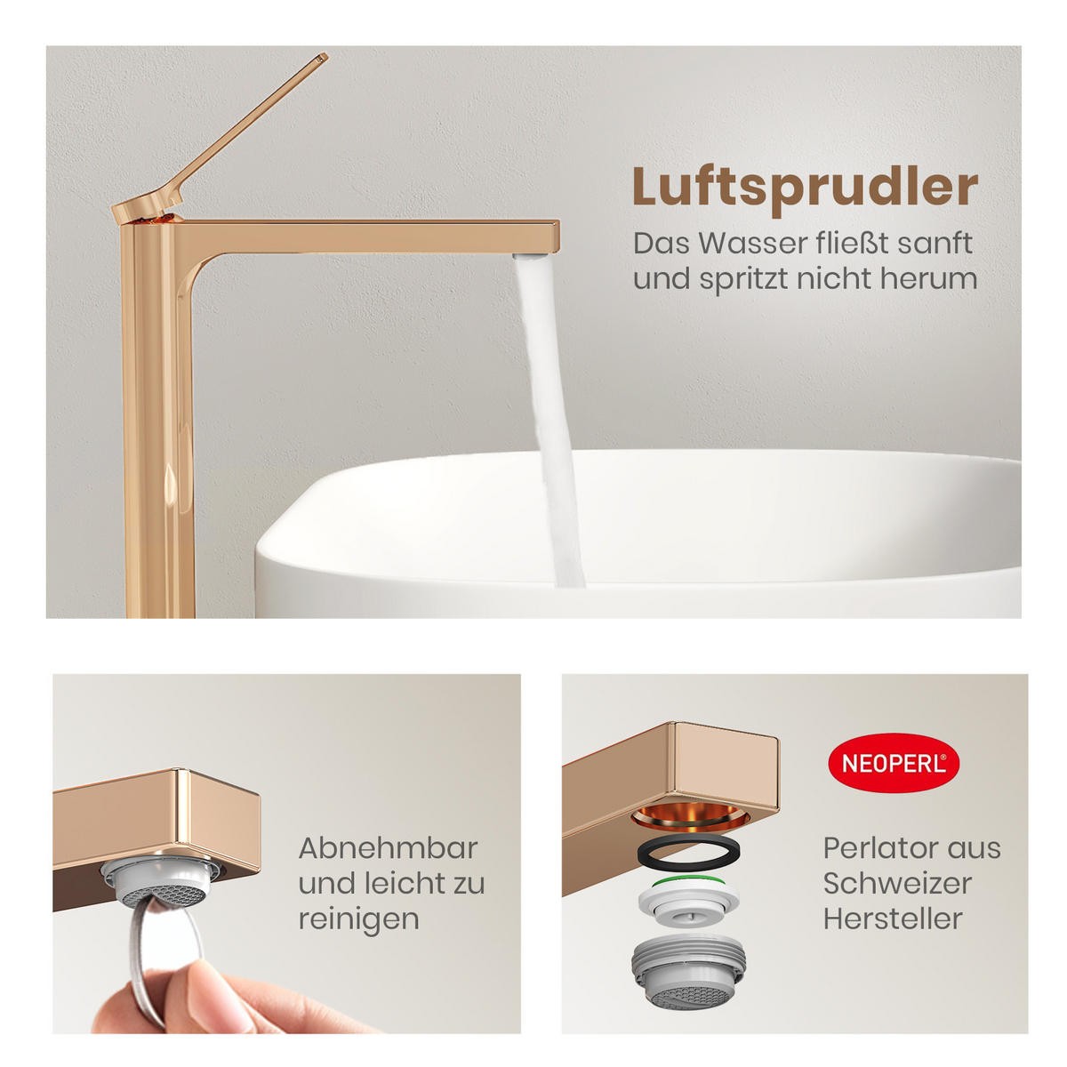 WASCHTISCHARMATUR mit Zertifiziertem Filterelement Rosengold Hoher Stil - Roségold, Metall (23.3/4.6/33.5cm) - EMKE