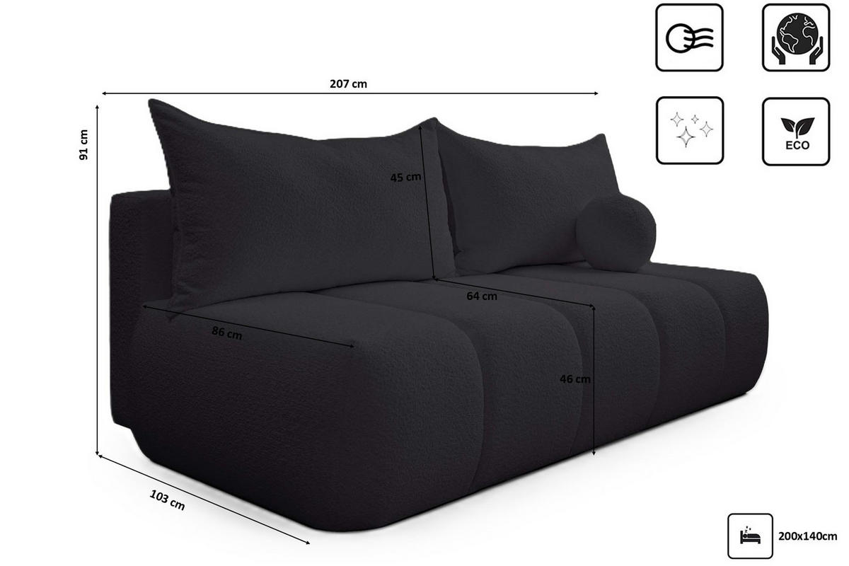 SCHLAFSOFA PIANO Schwarz - Schwarz, Holz (207/91/103cm) - Kaiser Möbel